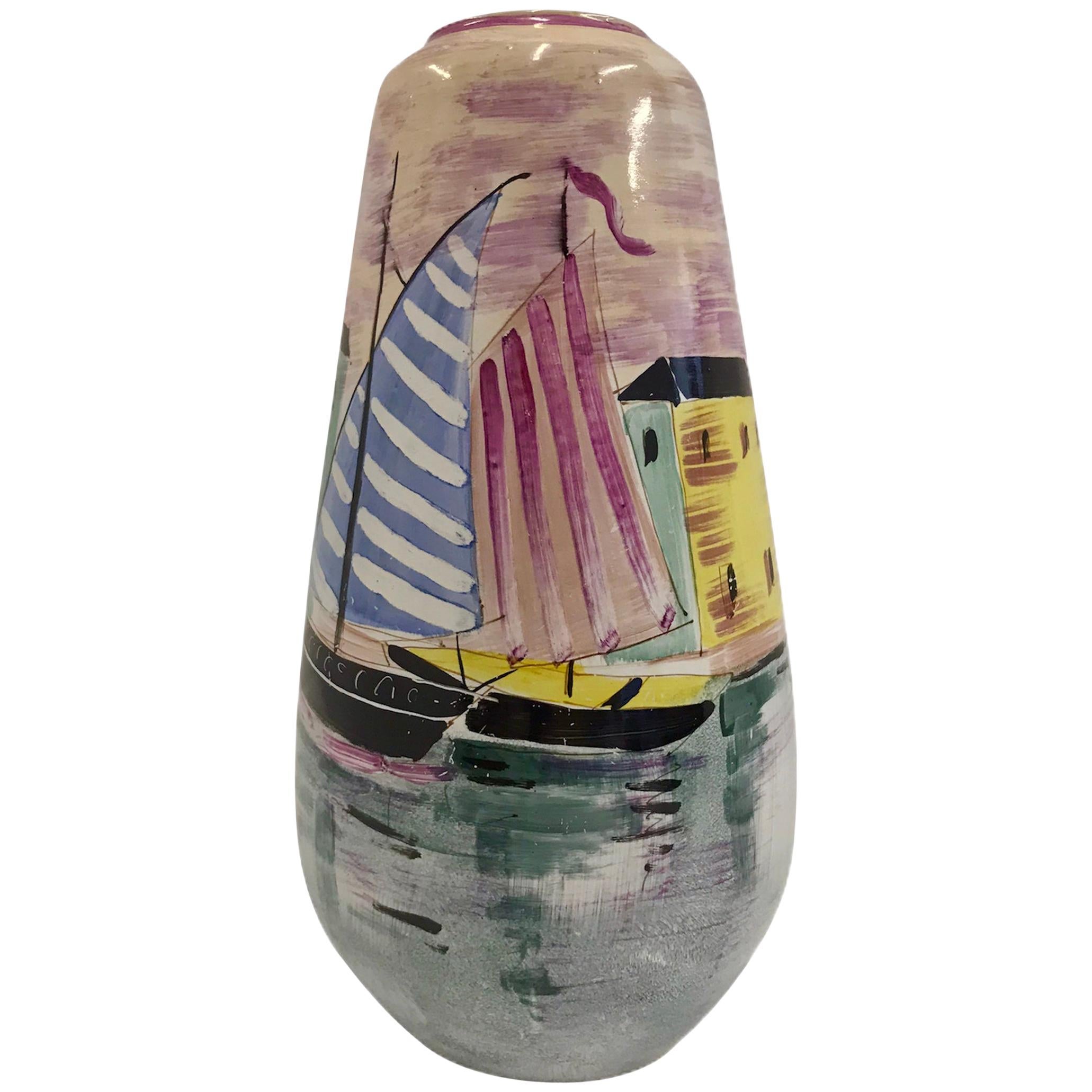 Italian Mid-Century Modern Pottery Vase Nautical Motif with Boats, 1960s