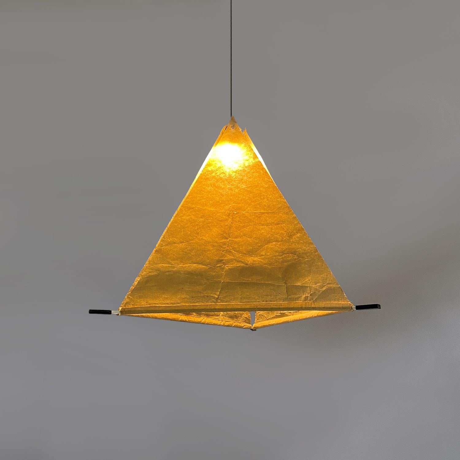 Metal Italian mid-century modern pyramid metal and parchment chandelier, 1960s For Sale