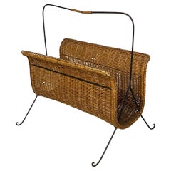 Italian mid-century modern rattan and metal magazine rack, 1970s