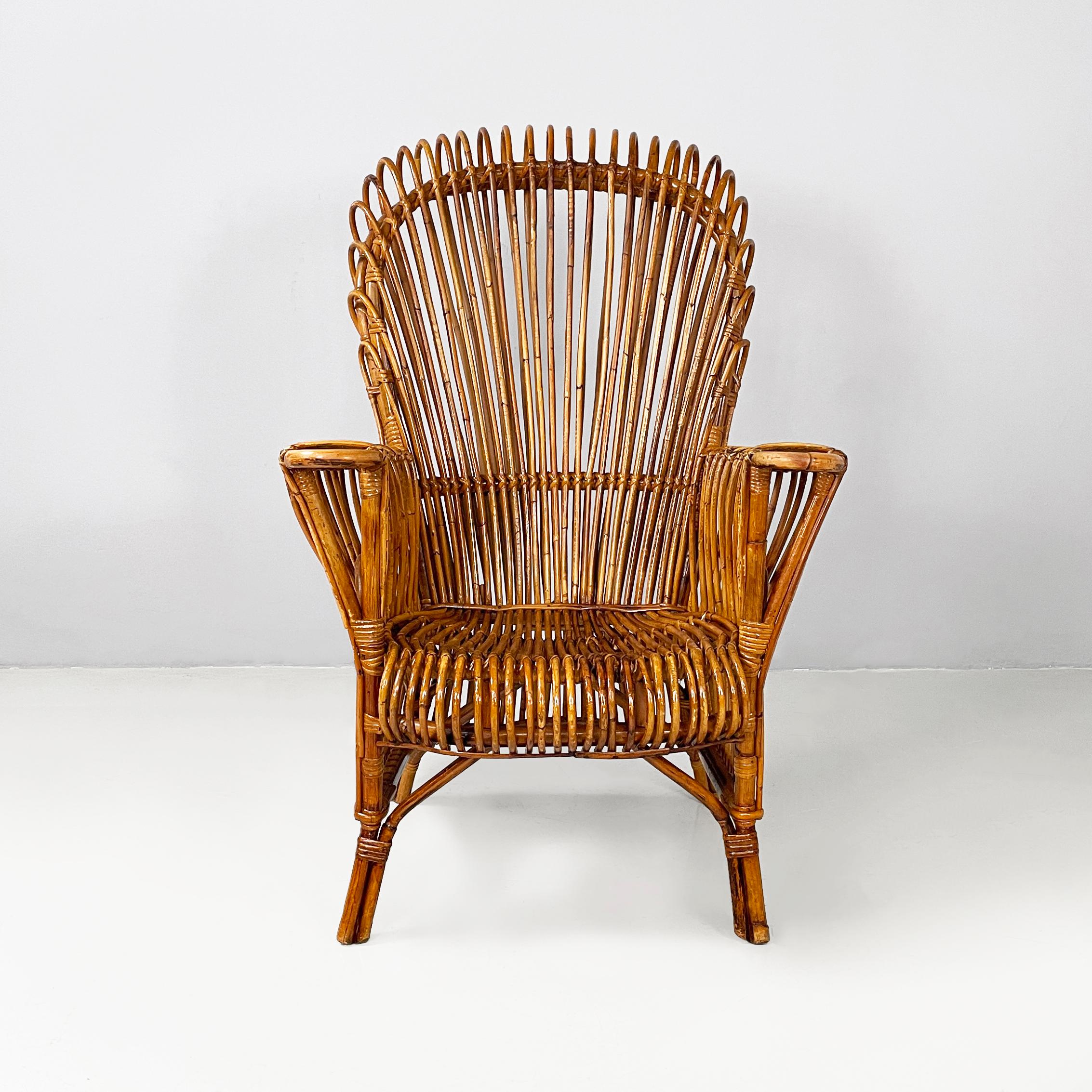Italian mid-century modern rattan armchair by Antonio Dal Vera, 1960s
Armchair entirely in finely woven rattan. The backrest, armrests and seat have a rounded profile. Round section feet. Suitable for outdoor use such as in the garden or in the