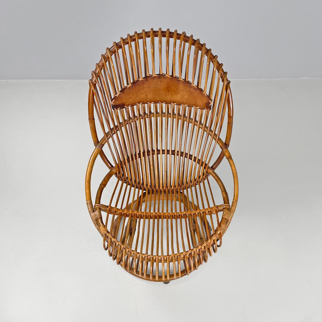 Leather Italian mid-century modern rattan armchair Tre Cerchi Tito Agnoli Bonacina 1960s For Sale
