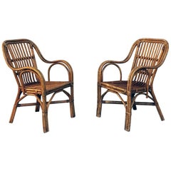 Vintage Italian Mid-Century Modern Rattan Armchairs with Curved Armrests, 1960s