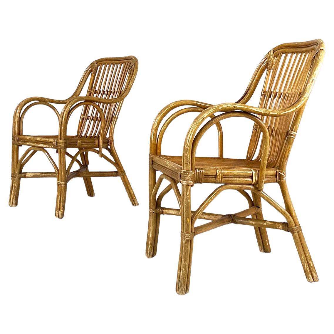 Italian mid-century modern rattan armchairs with curved armrests, 1960s For Sale