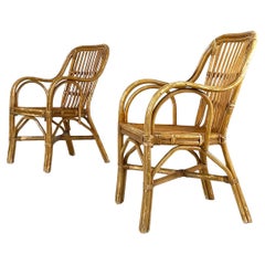 Retro Italian mid-century modern rattan armchairs with curved armrests, 1960s