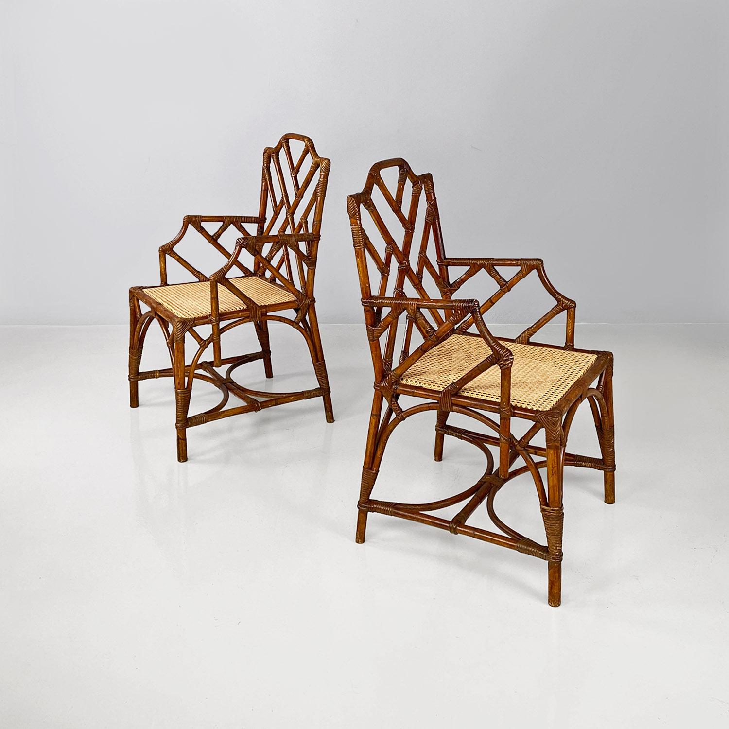 Italian mid-century modern rattan, bamboo and Vienna straw armchairs, 1960s.
Pair of rattan armchairs with Vienna straw seat, therefore both the legs and the backrest and armrests of the armchair are made up of strips of curved and woven