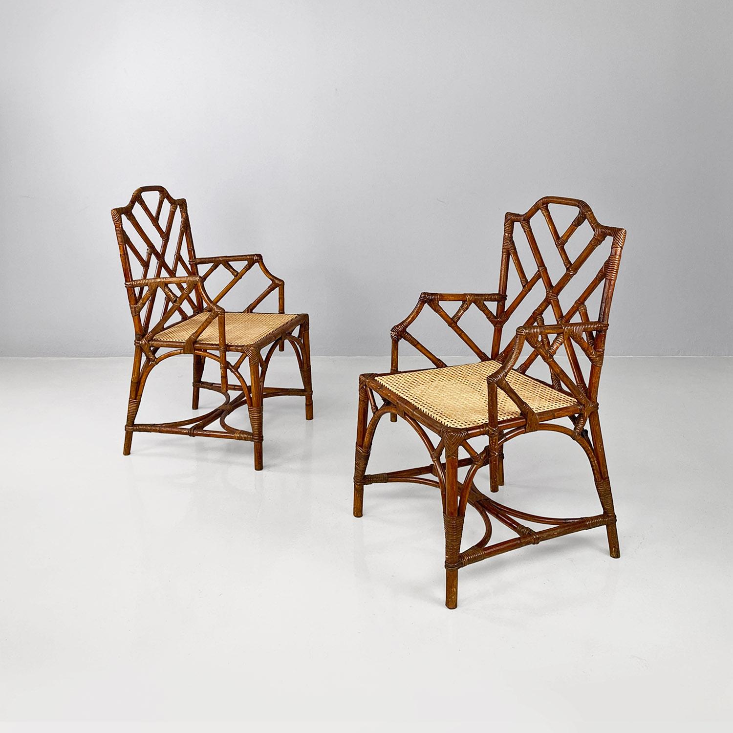 Mid-Century Modern Italian mid-century modern rattan, bamboo and Vienna straw armchairs, 1960s For Sale