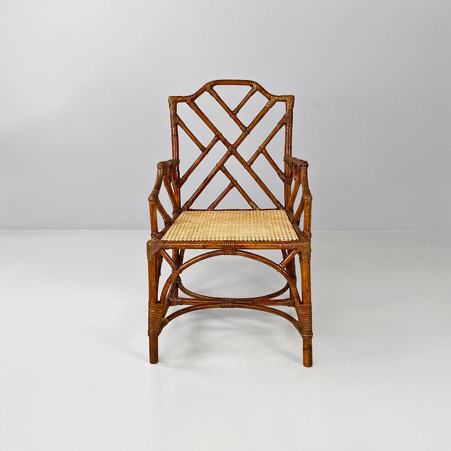 Mid-20th Century Italian mid-century modern rattan, bamboo and Vienna straw armchairs, 1960s For Sale