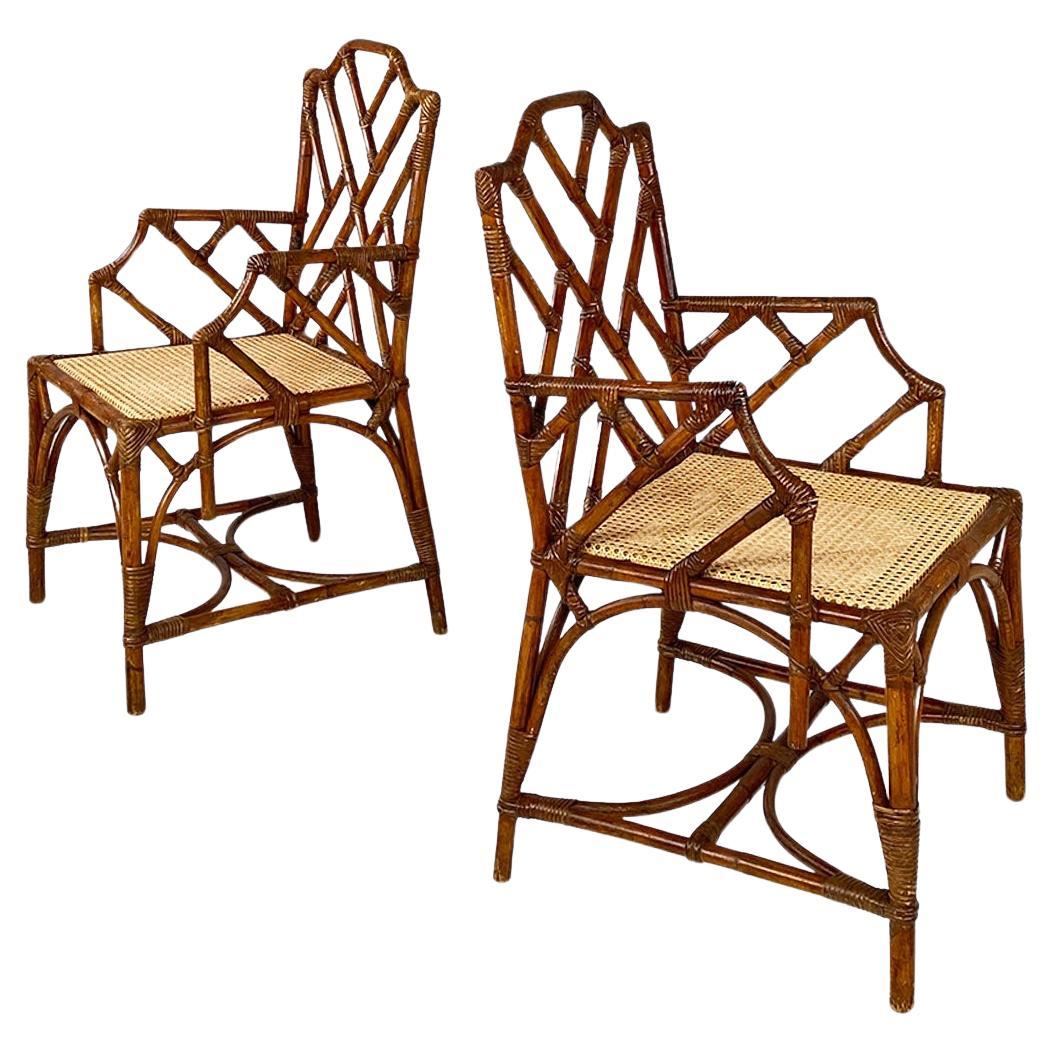 Italian mid-century modern rattan, bamboo and Vienna straw armchairs, 1960s For Sale