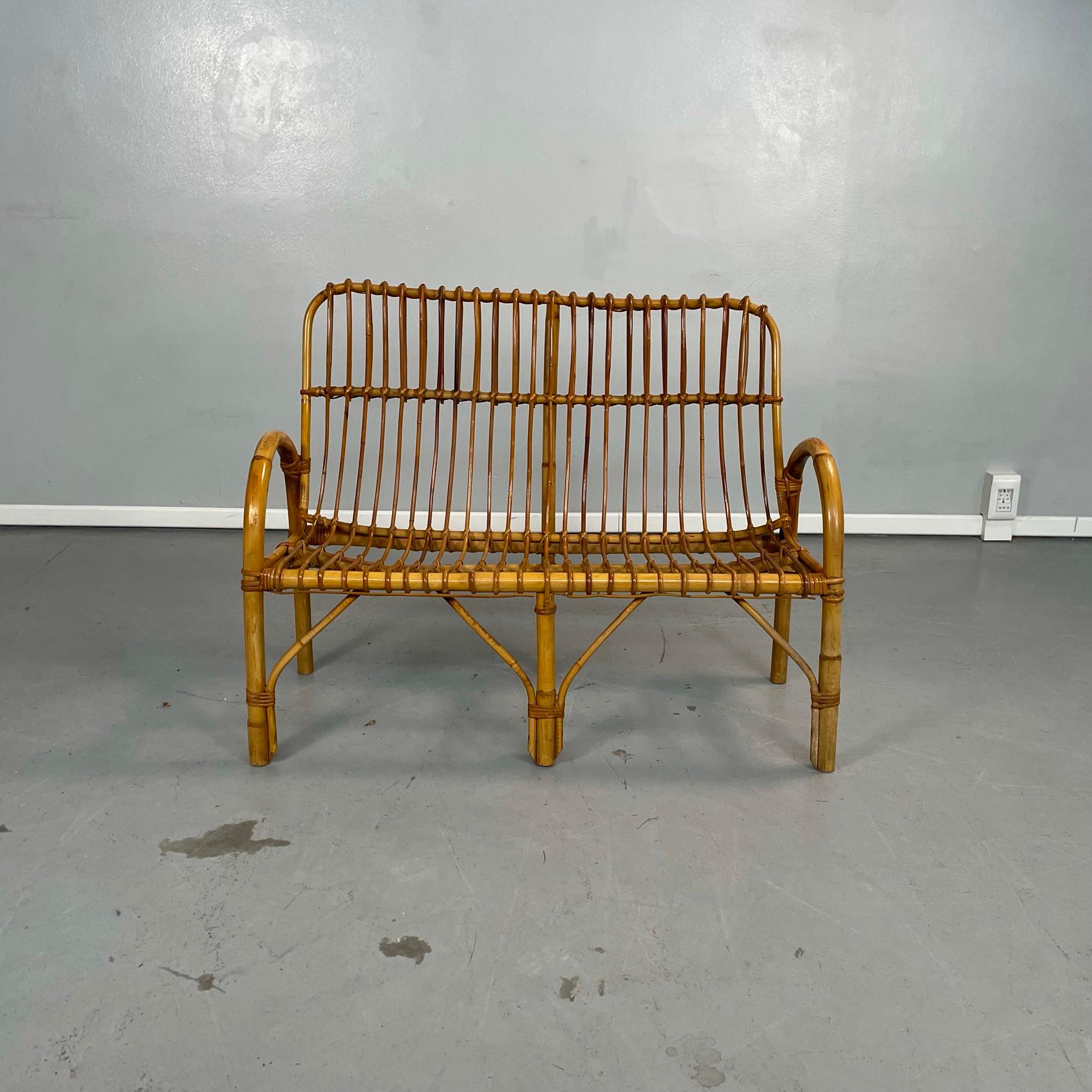 Italian Mid-Century Modern Rattan Bench with Armrests, 1960s 9