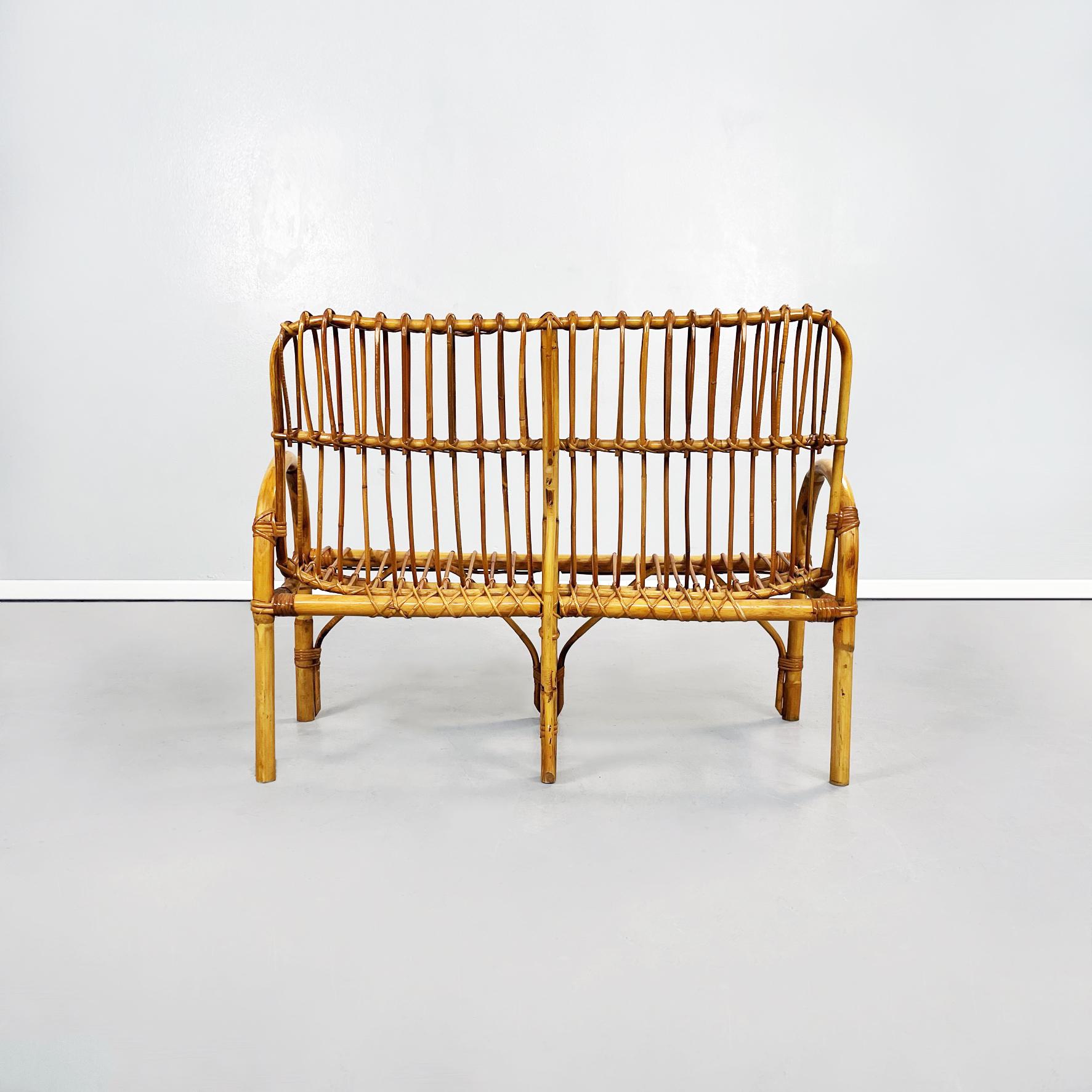 Mid-20th Century Italian Mid-Century Modern Rattan Bench with Armrests, 1960s