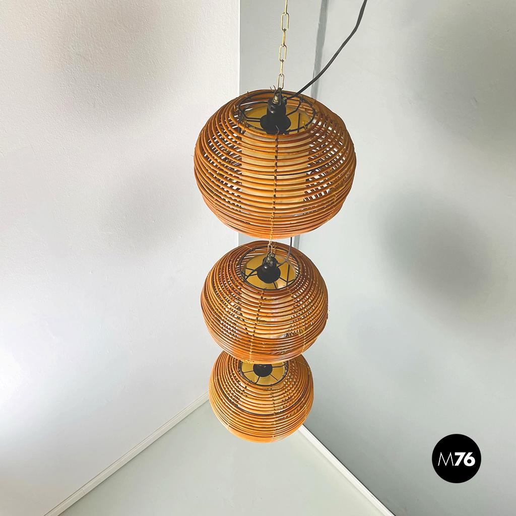 Metal Italian Mid-Century Modern Rattan Chandelier with 3 Spherical Lampshade, 1960s For Sale
