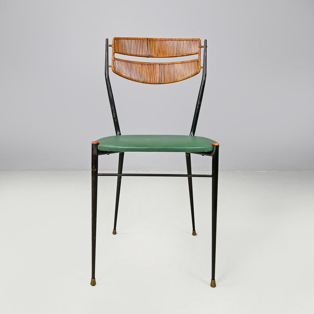 Mid-Century moderno Sedie italiane di metà secolo in rattan verde ecopelle nero metallo anni '60 in vendita