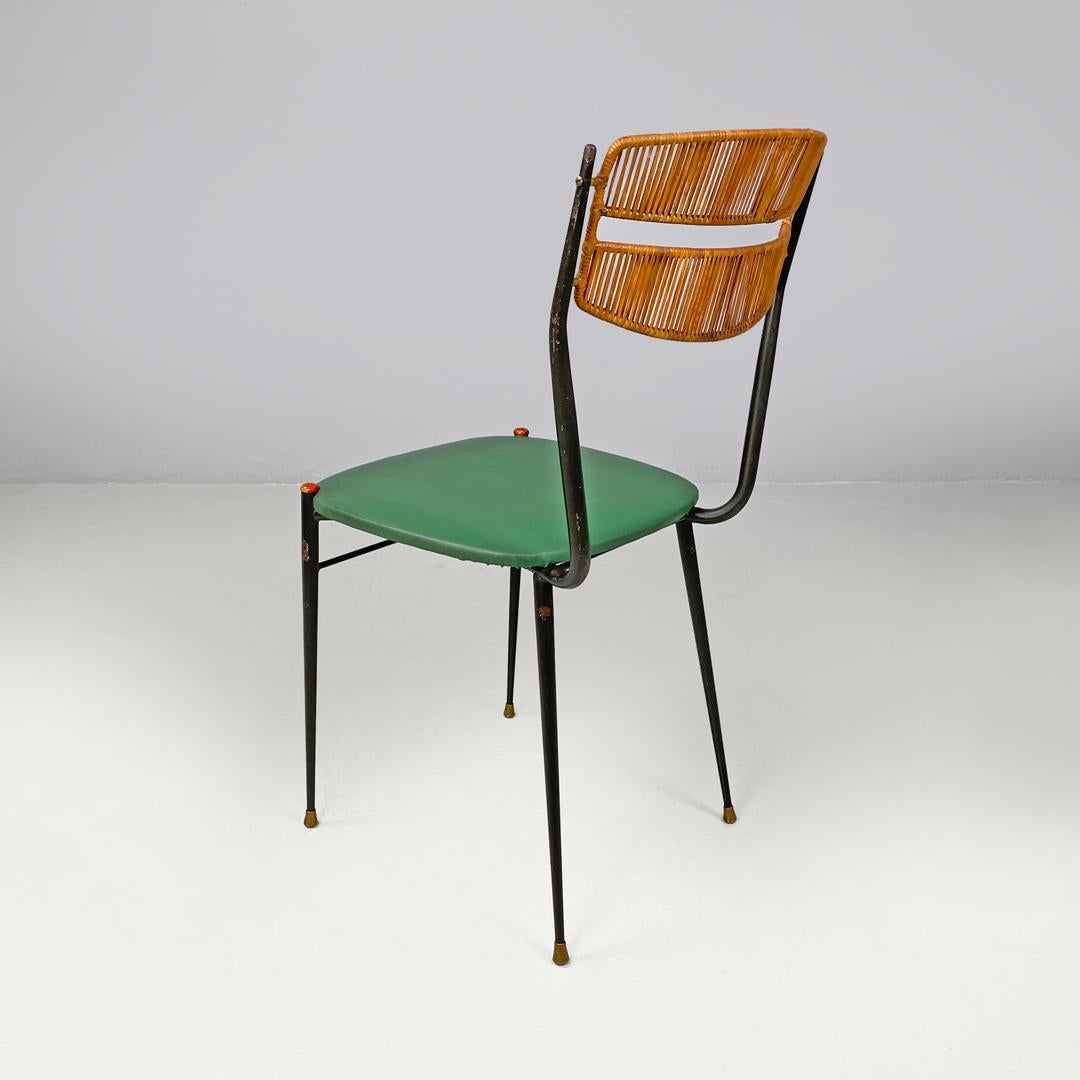 Sedie italiane di metà secolo in rattan verde ecopelle nero metallo anni '60 In condizioni buone in vendita a MIlano, IT