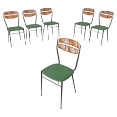 Italian mid-century modern rattan green faux leather black metal chairs 1960s