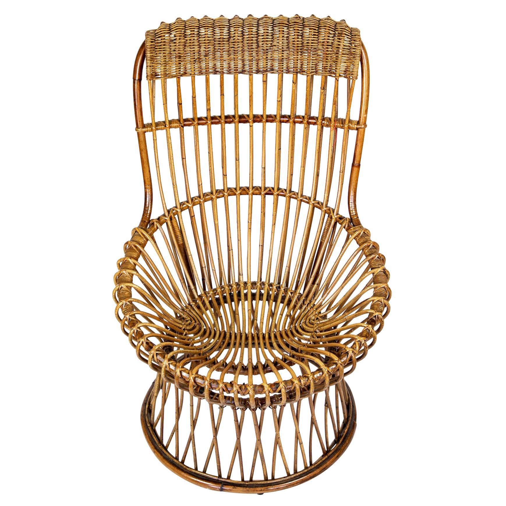 Mid Century Modern Lounge Chair in Rattan Wicker, Italy 1950s