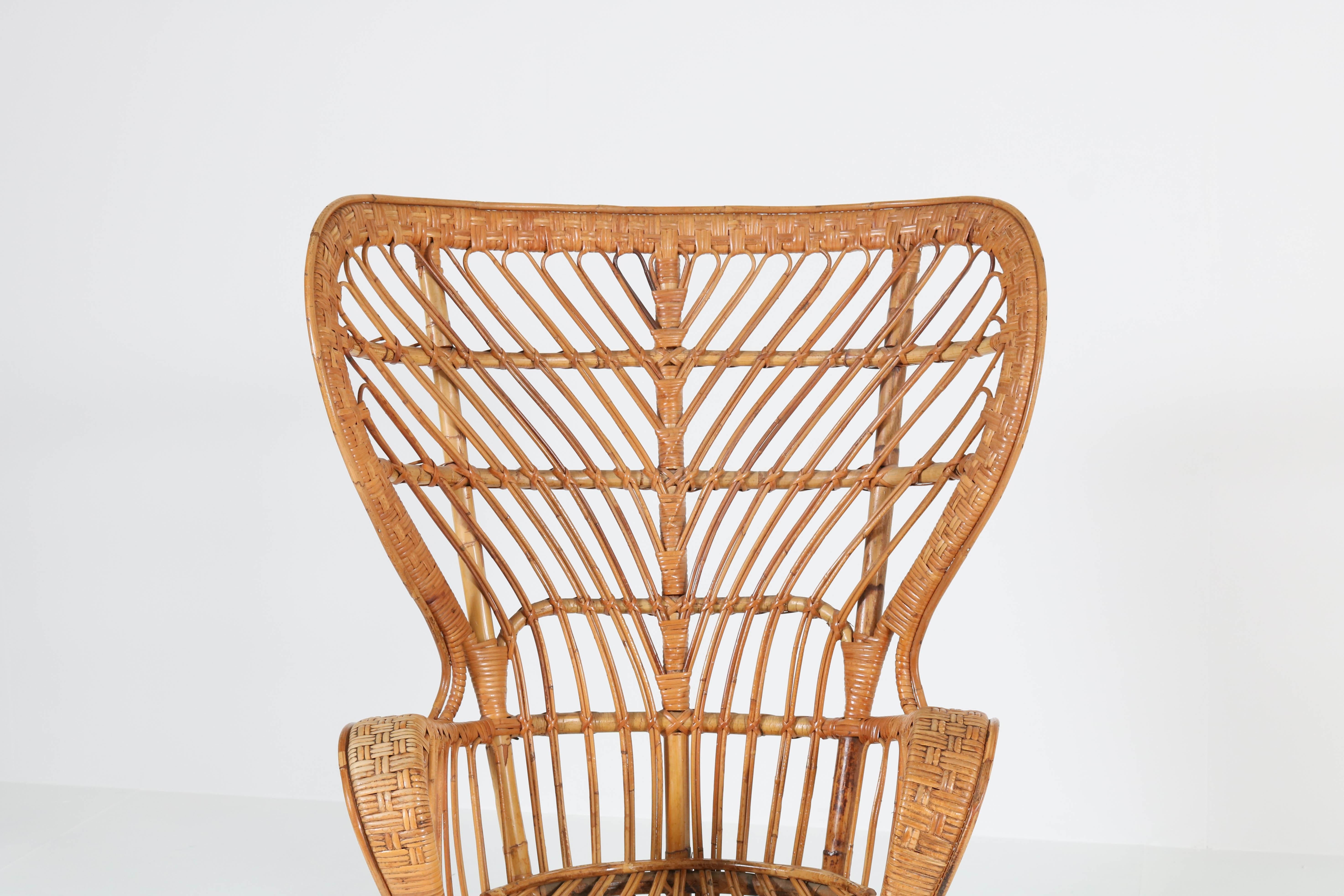 Mid-20th Century Italian Mid-Century Modern Rattan Wingback Chair by Lio Carminati for Bonacina