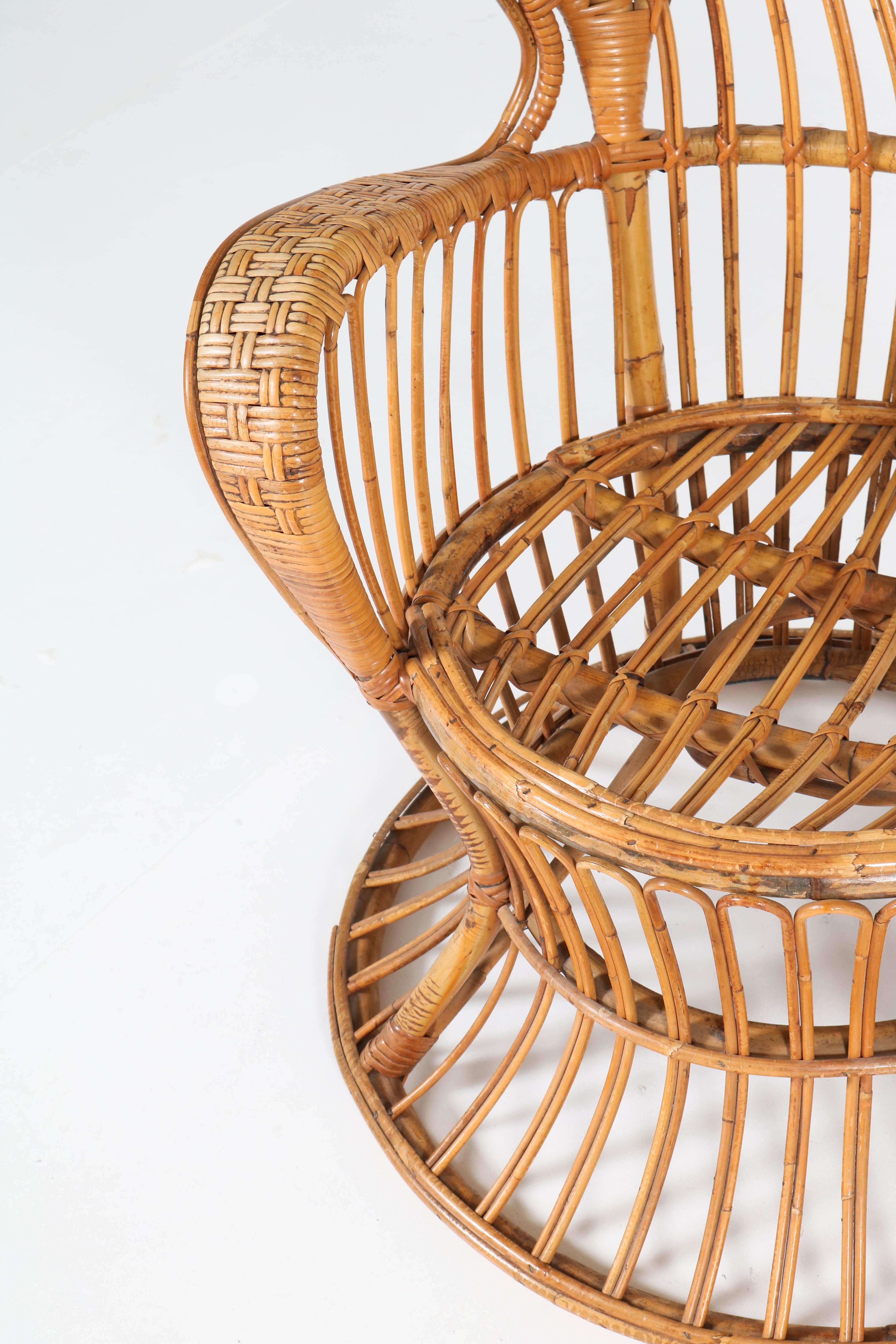 Bamboo Italian Mid-Century Modern Rattan Wingback Chair by Lio Carminati for Bonacina