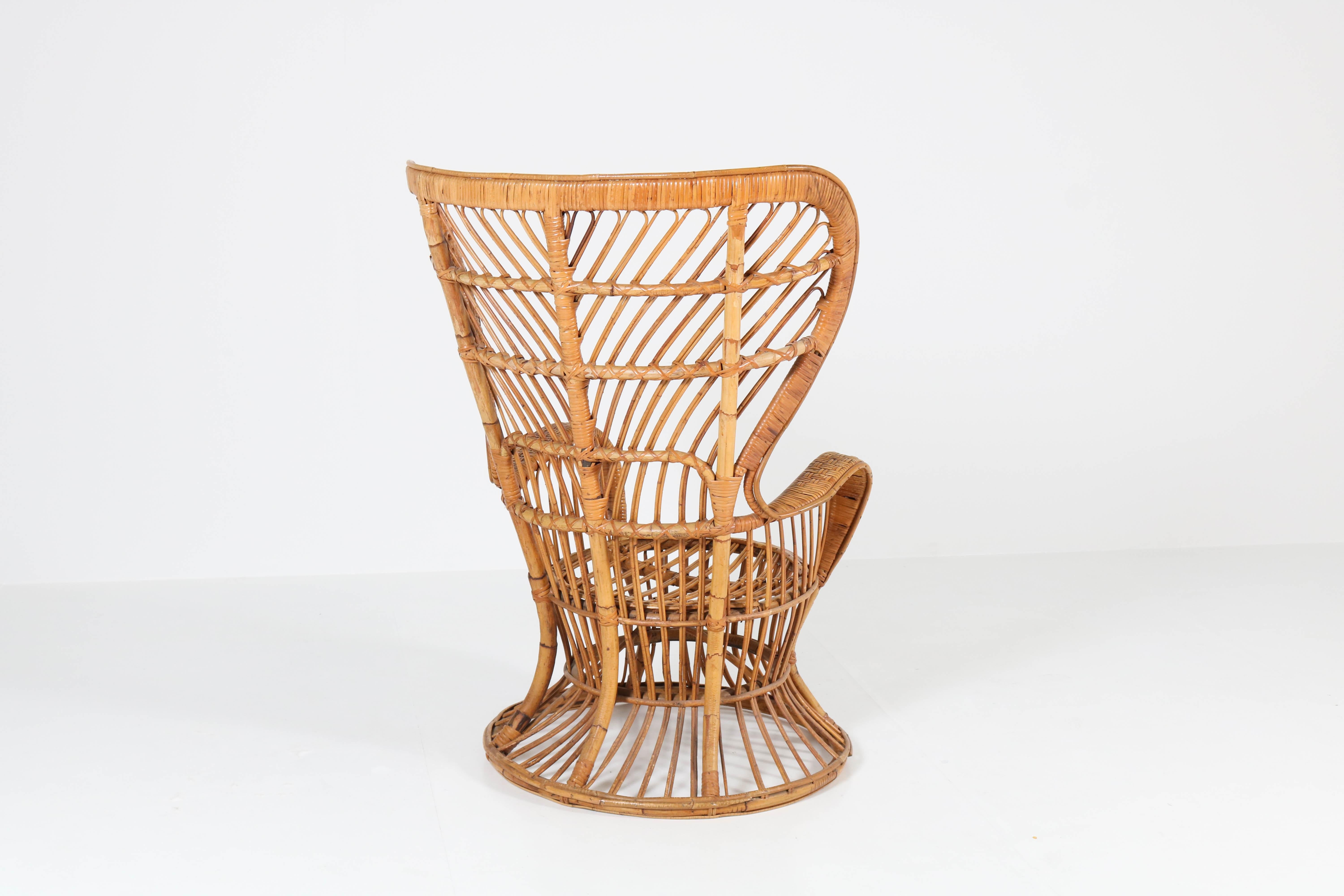 Italian Mid-Century Modern Rattan Wingback Chair by Lio Carminati for Bonacina 1