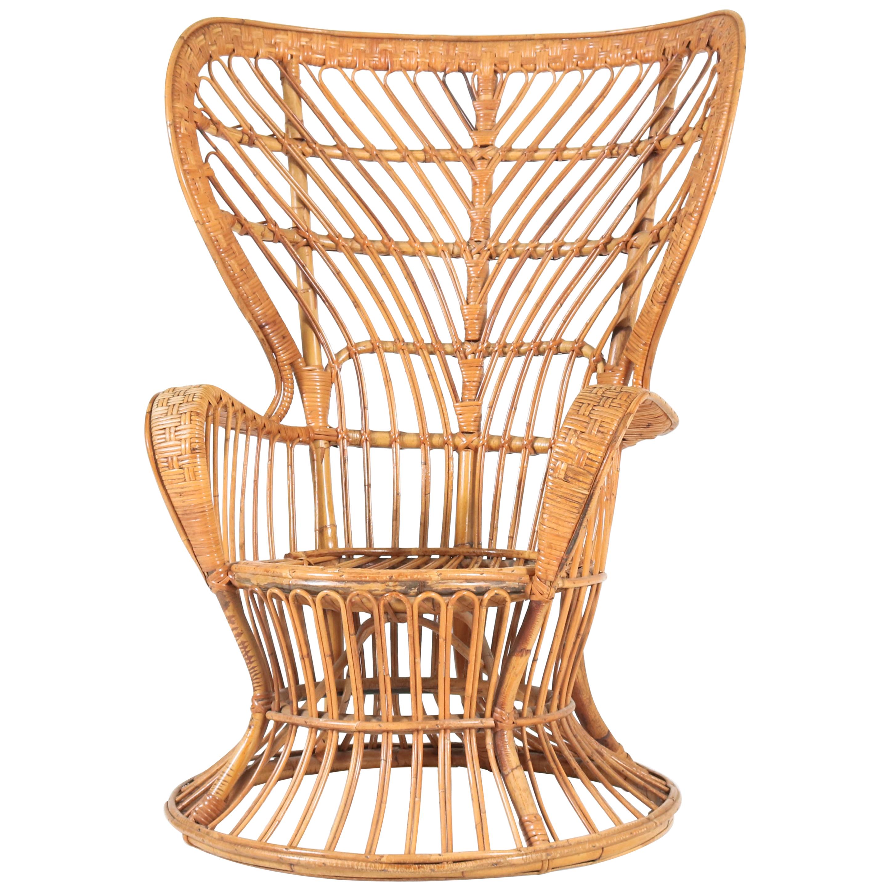 Italian Mid-Century Modern Rattan Wingback Chair by Lio Carminati for Bonacina