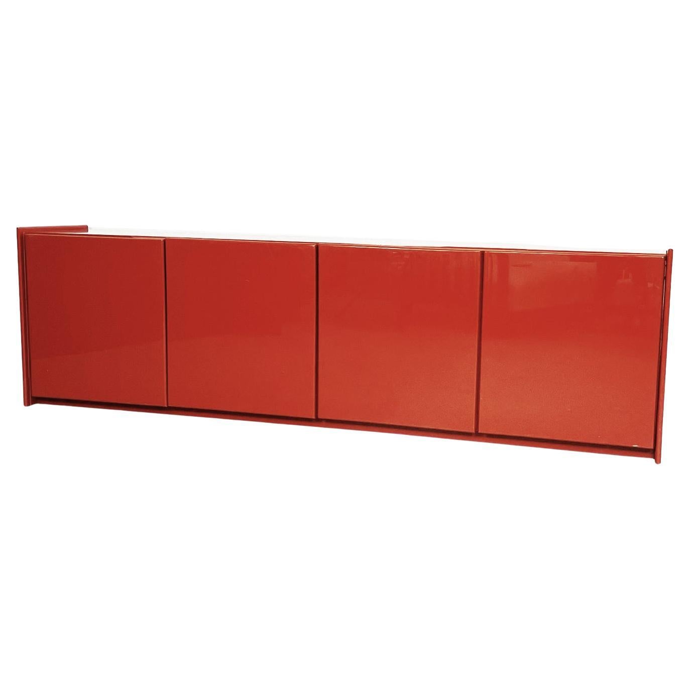 Italian Mid-Century Modern Rectangular Red Lacquered Solid Wood Sideboard, 1980s