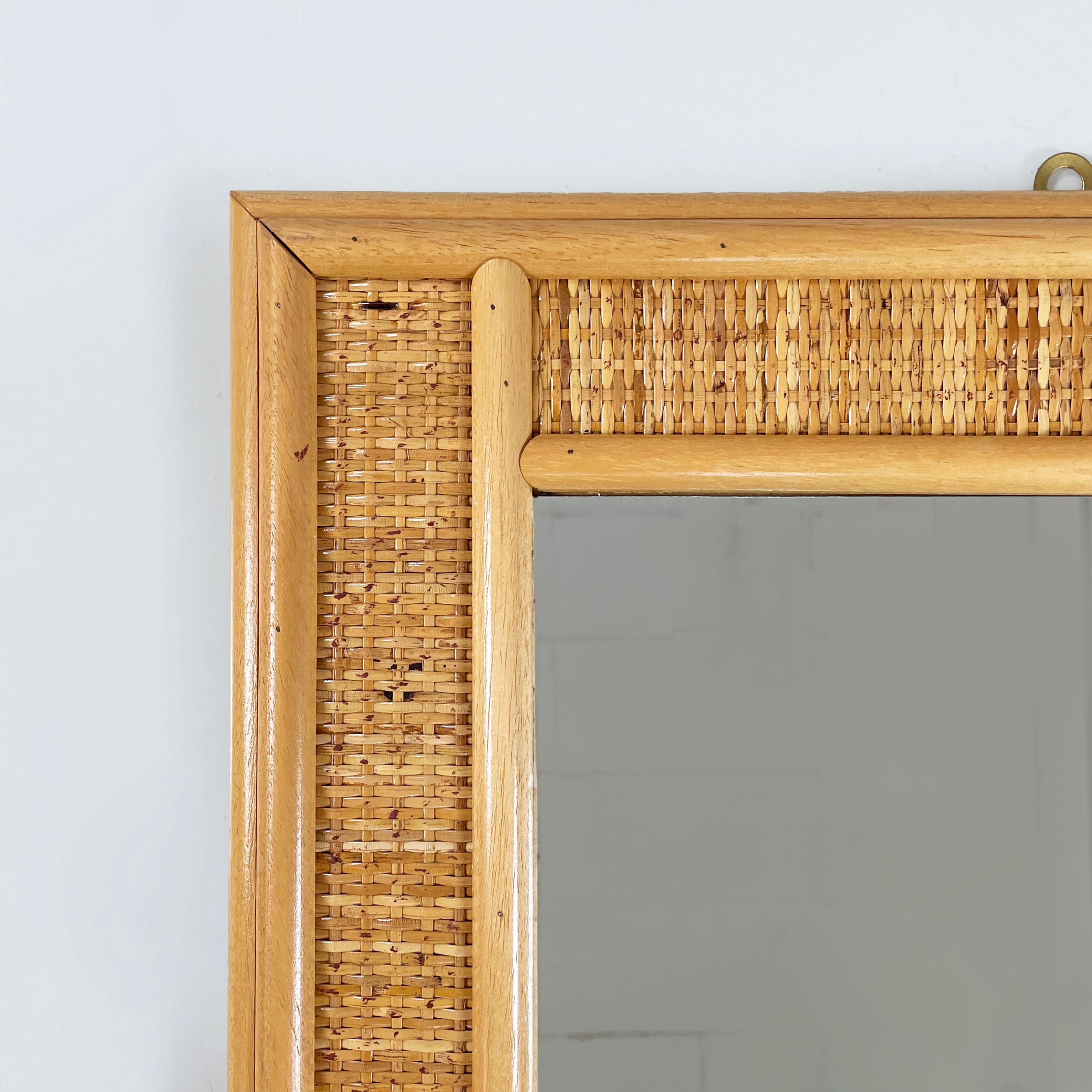 Mid-20th Century Italian mid-century modern Rectangular wall mirror in wood and rattan, 1960s For Sale