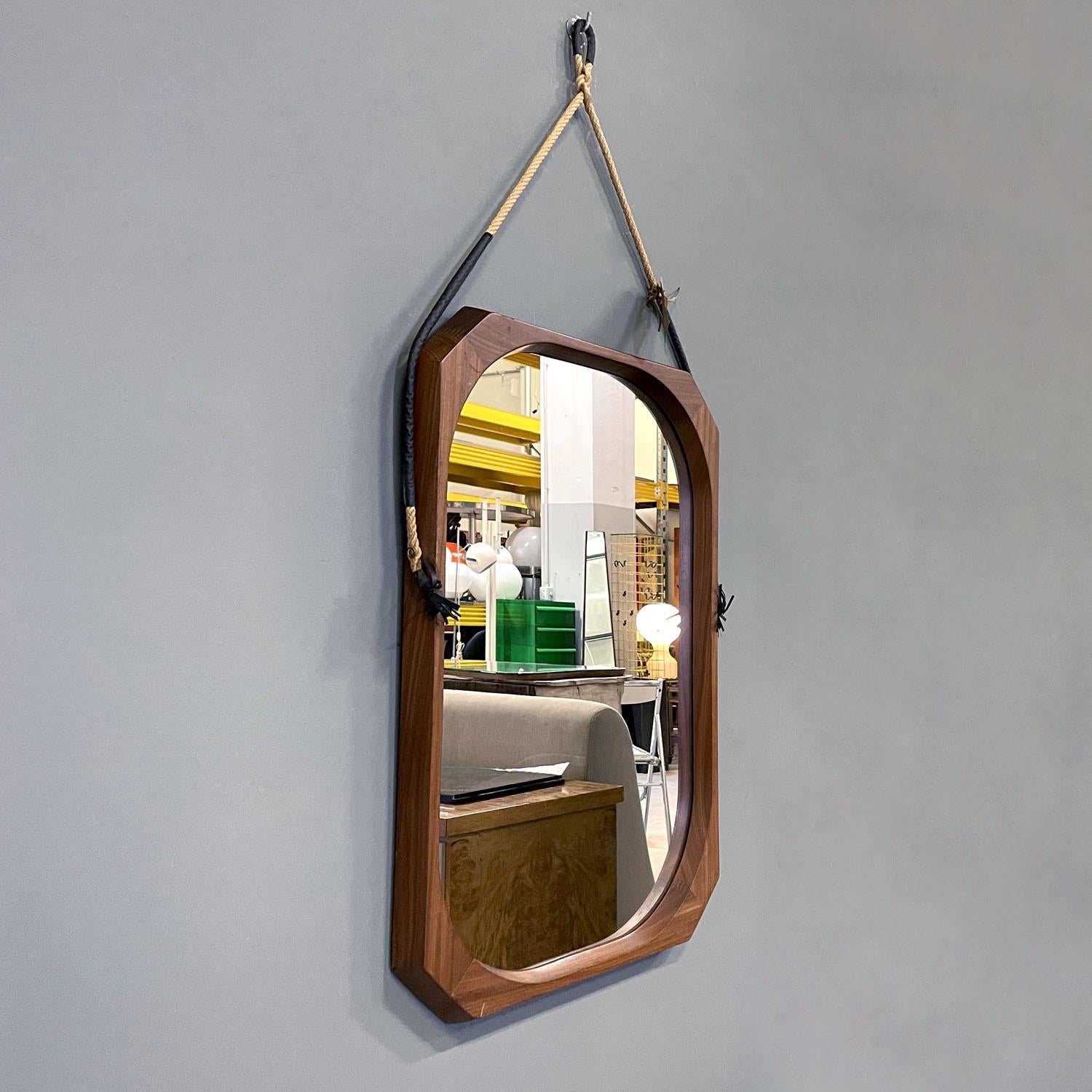 Mid-Century Modern Italian mid-century modern rectangular wooden wall mirror with rope, 1960s For Sale