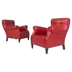 Italian mid century modern red leather and wood armchairs with armrests, 1940s