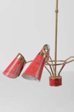 Italian Mid-Century Modern Red Metal and Brass Five Arm Adjustable Chandelier