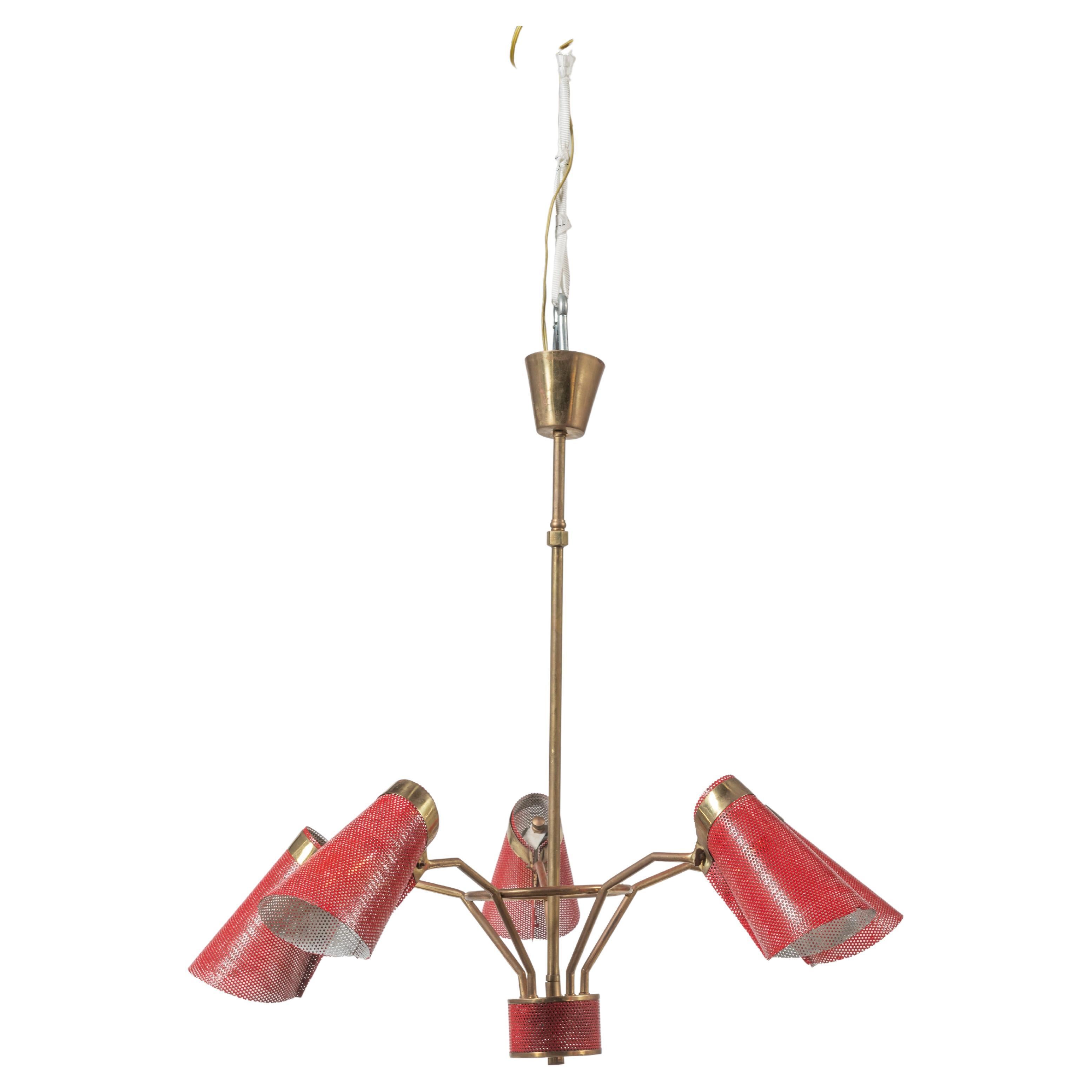 Italian Mid-Century Modern Red Metal and Brass Five Arm Adjustable Chandelier For Sale