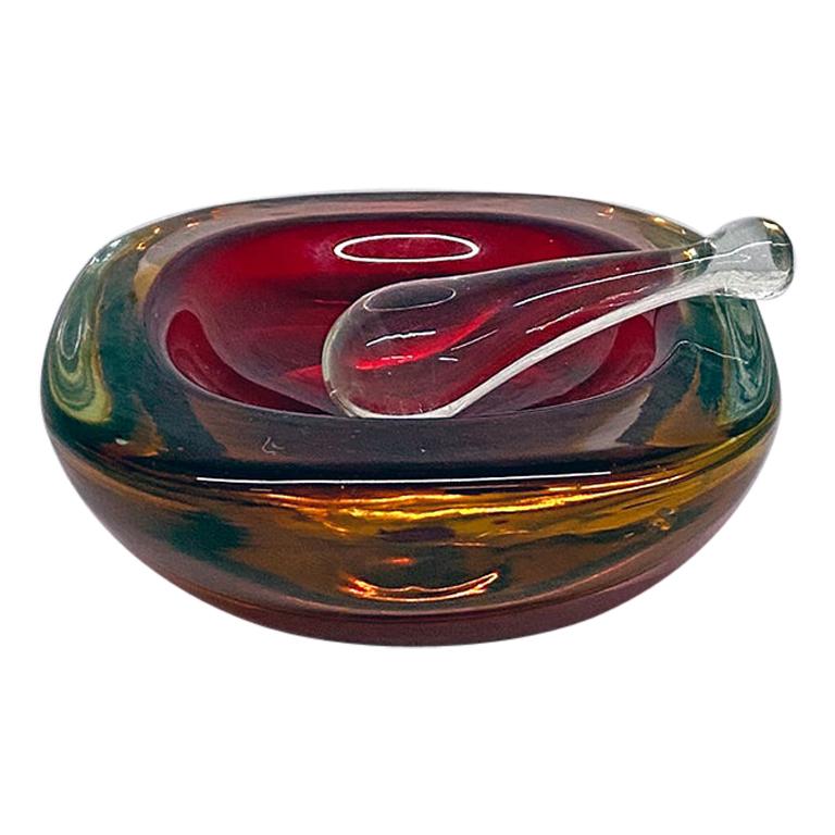 Italian Mid-Century Modern Red Murano Ashtray with Yellow and Green Shades, 1970 For Sale