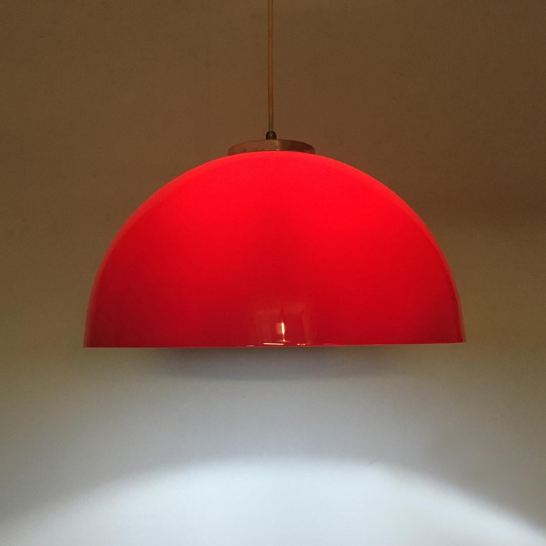 Italian Mid-Century Modern Red Plastic Lampshade and Steel Chandelier, 1970s 2