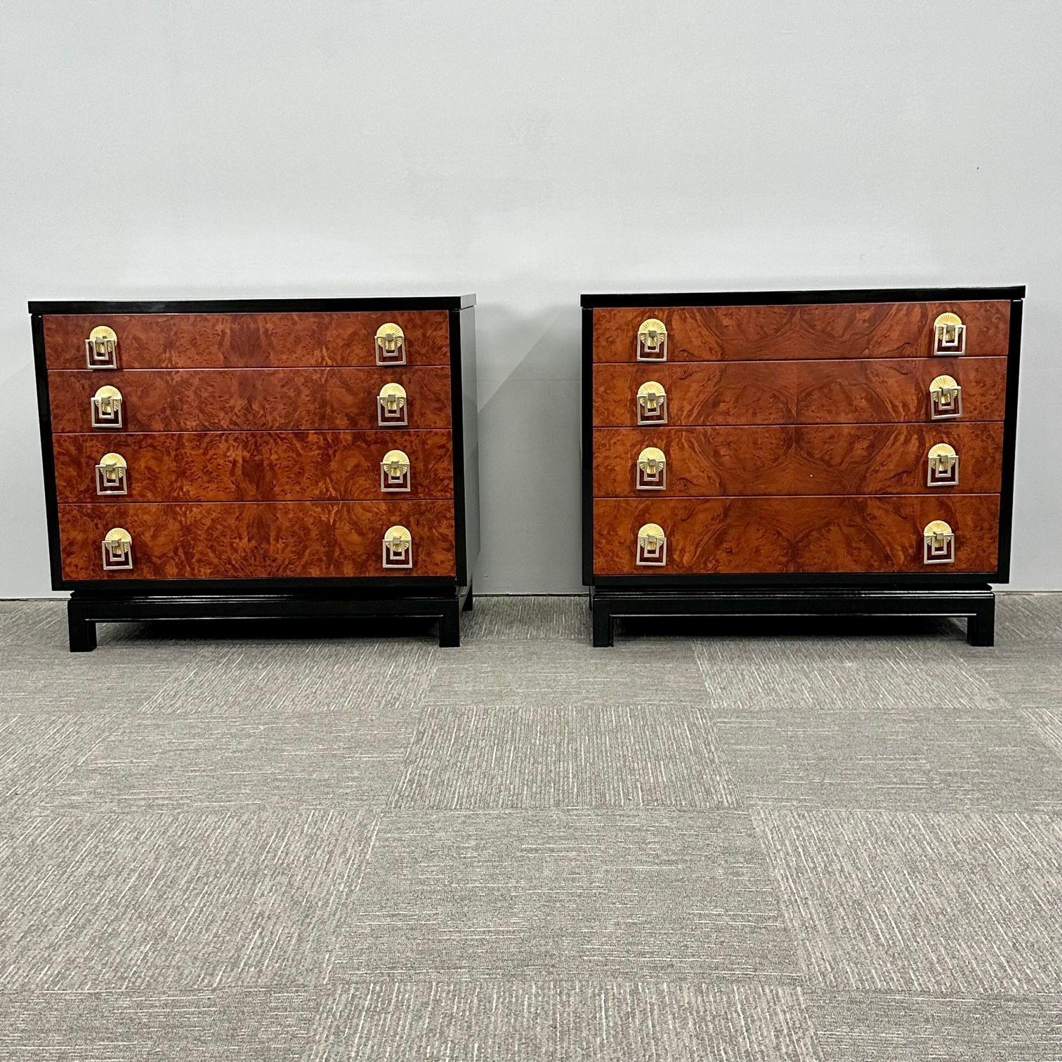 Italian Mid-Century Modern Renzo Retulli Style Chests / Commodes / Nightstands
Pair of Mid-Century Modern Commodes, Custom Made to Order. An absolutely stunning pair of bedside cabinets or chests having bird’s-eye Maple drawer fronts with Art Deco