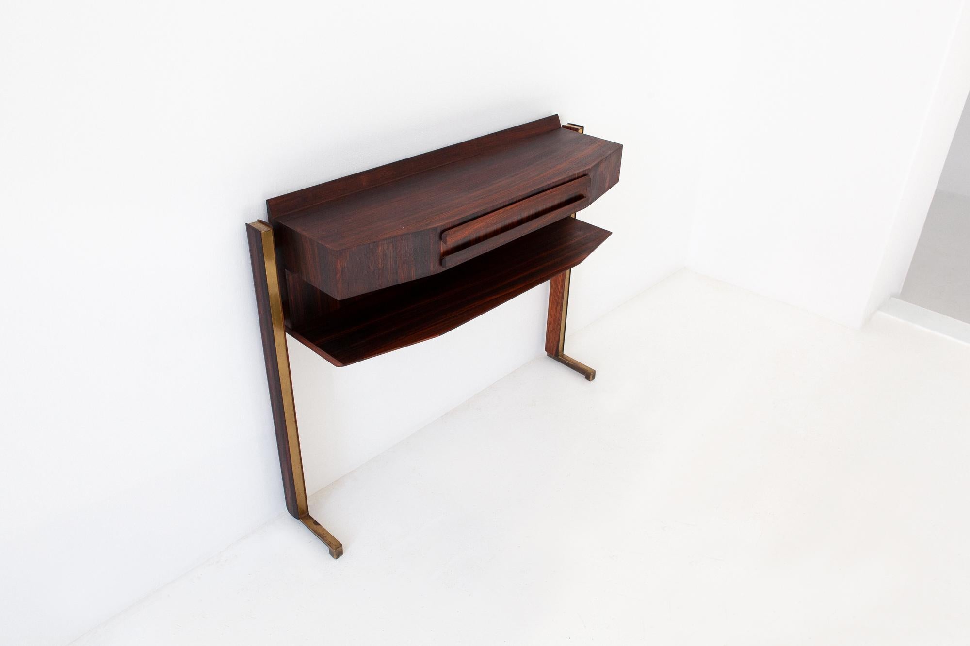 Mid-20th Century Italian Mid-Century Modern Rosewood and Brass Console Table with Drawer