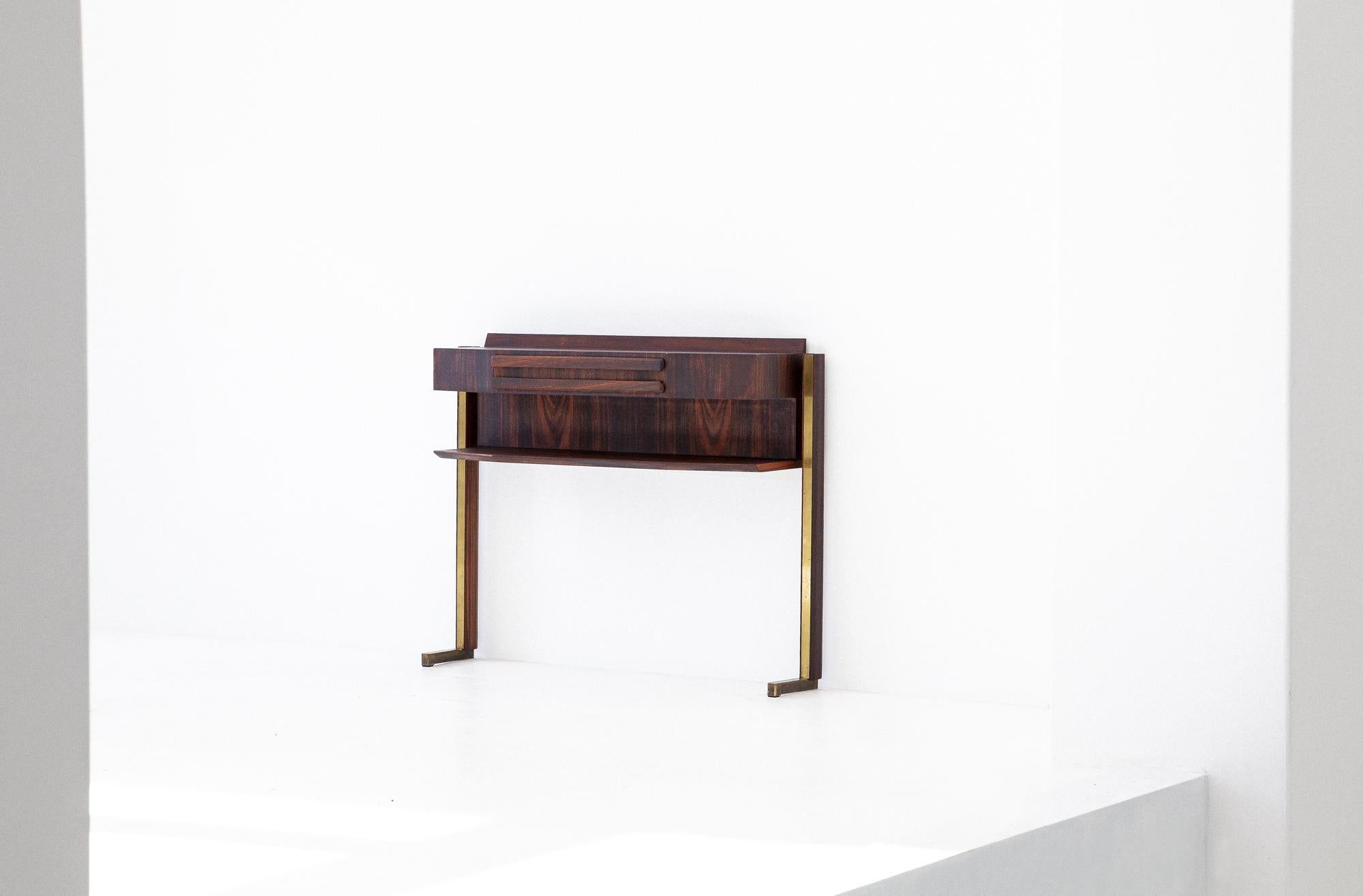 Italian Mid-Century Modern Rosewood and Brass Console Table with Drawer 1