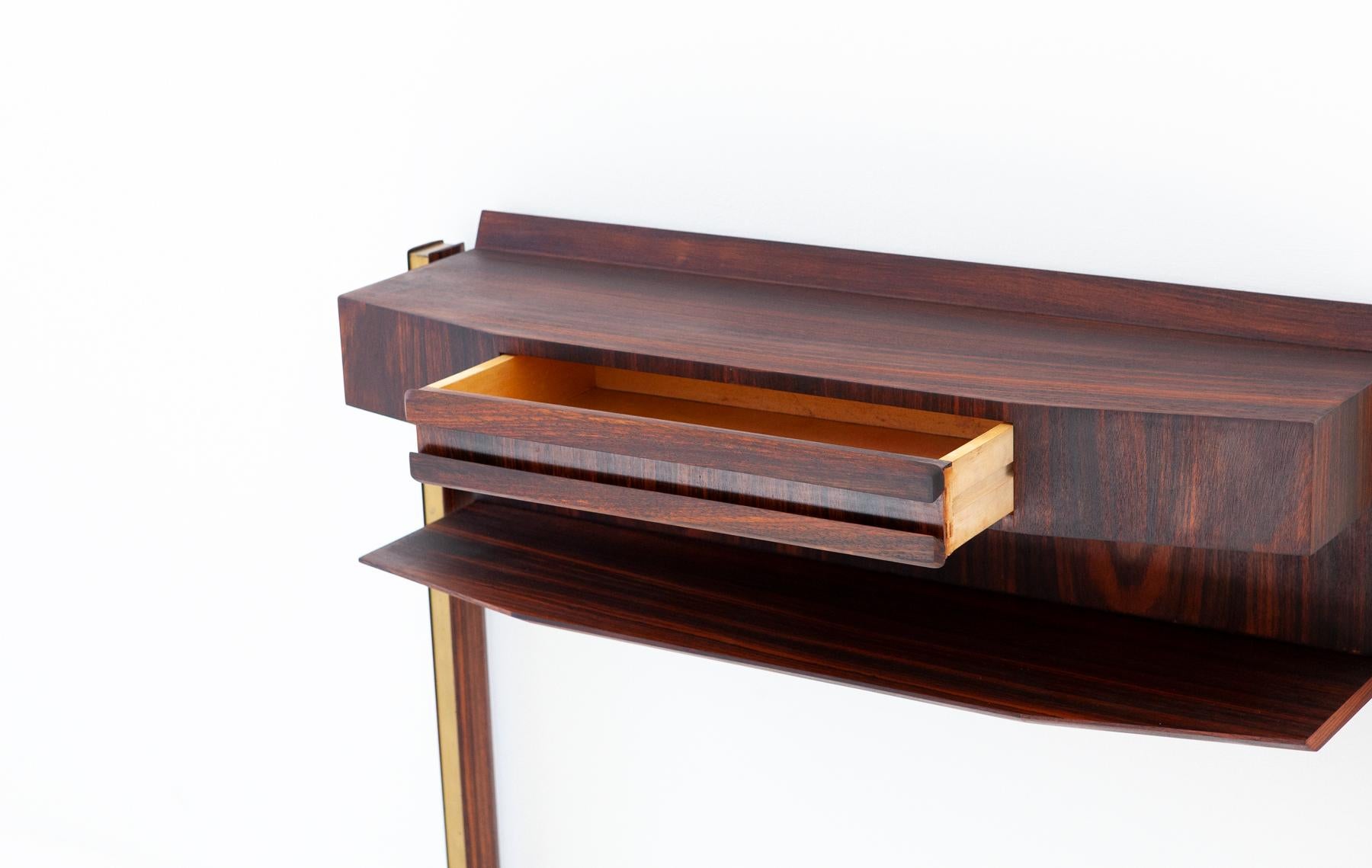 Italian Mid-Century Modern Rosewood and Brass Console Table with Drawer 2