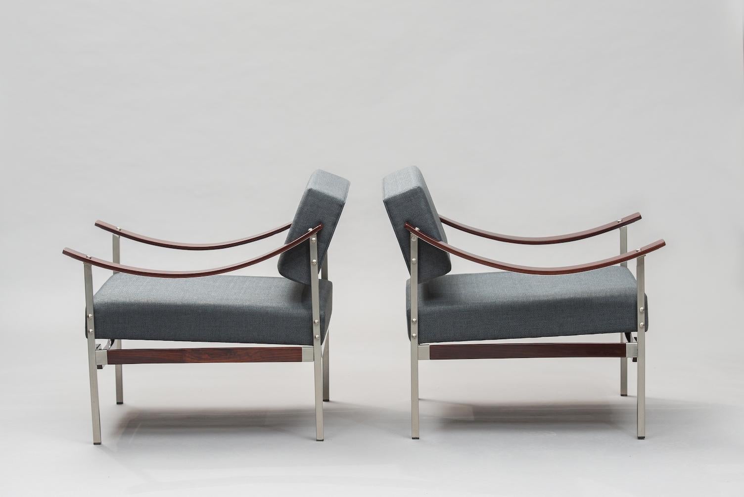 Italian Mid-Century Modern rosewood and chrome armchairs reupholstered in grey fabric.