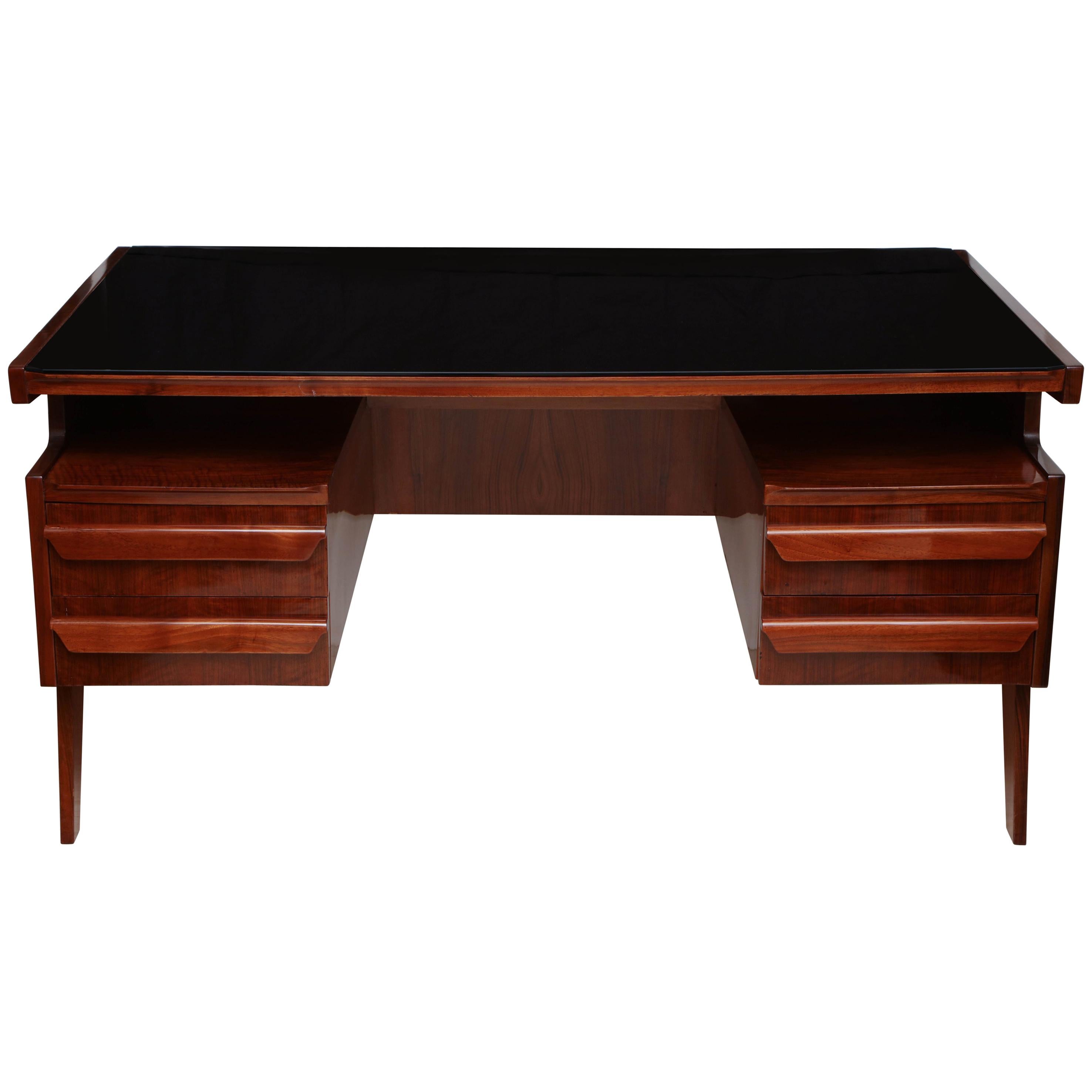 Italian MidCentury Modern Rosewood Desk with Floating Glass Top, circa 1960 For Sale at 1stDibs