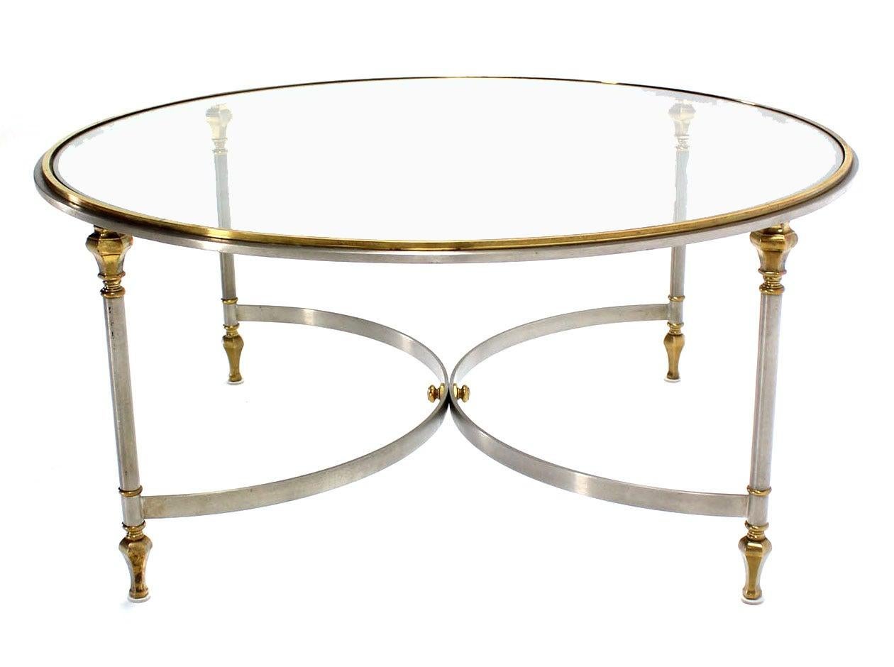 Italian Mid Century Modern Round Chrome Brass Glass Top Center Coffee Table MINT!