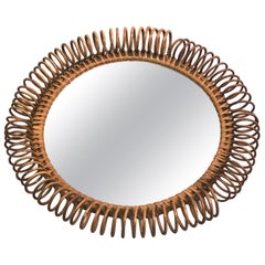 Italian Mid-Century Modern Round Mirror in Rattan Attributed to Franco Albini