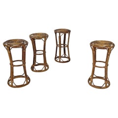 Retro Italian mid-century modern round rattan high bar stools, 1960s