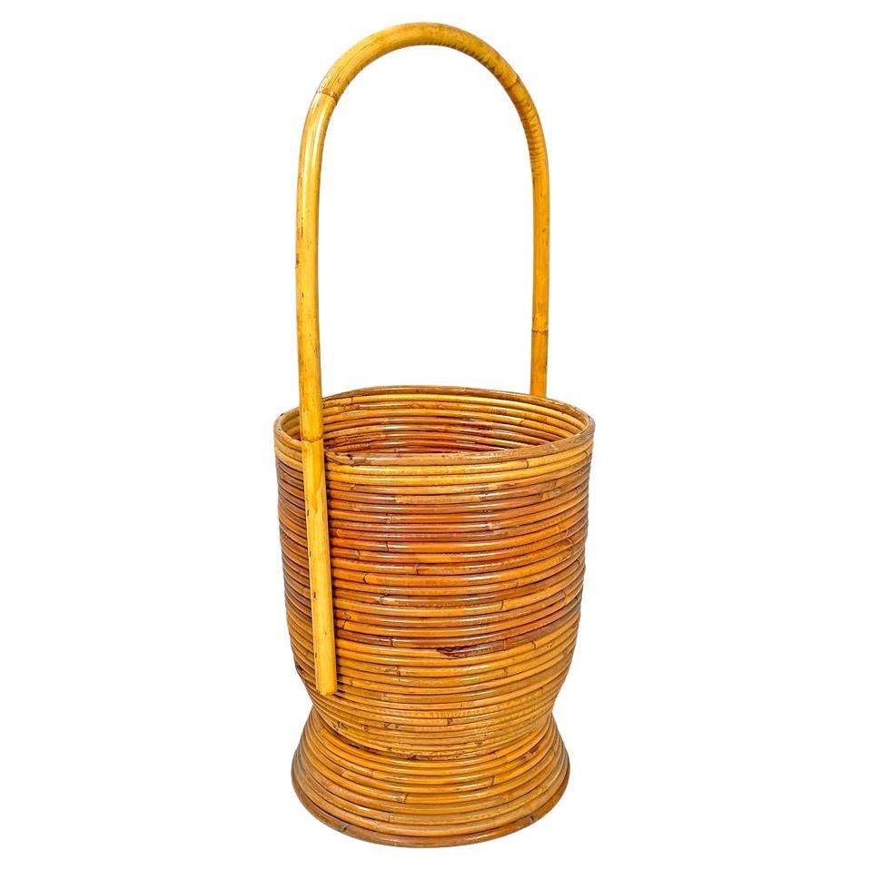 Italian mid-century modern round rattan umbrella stand with handle, 1960s