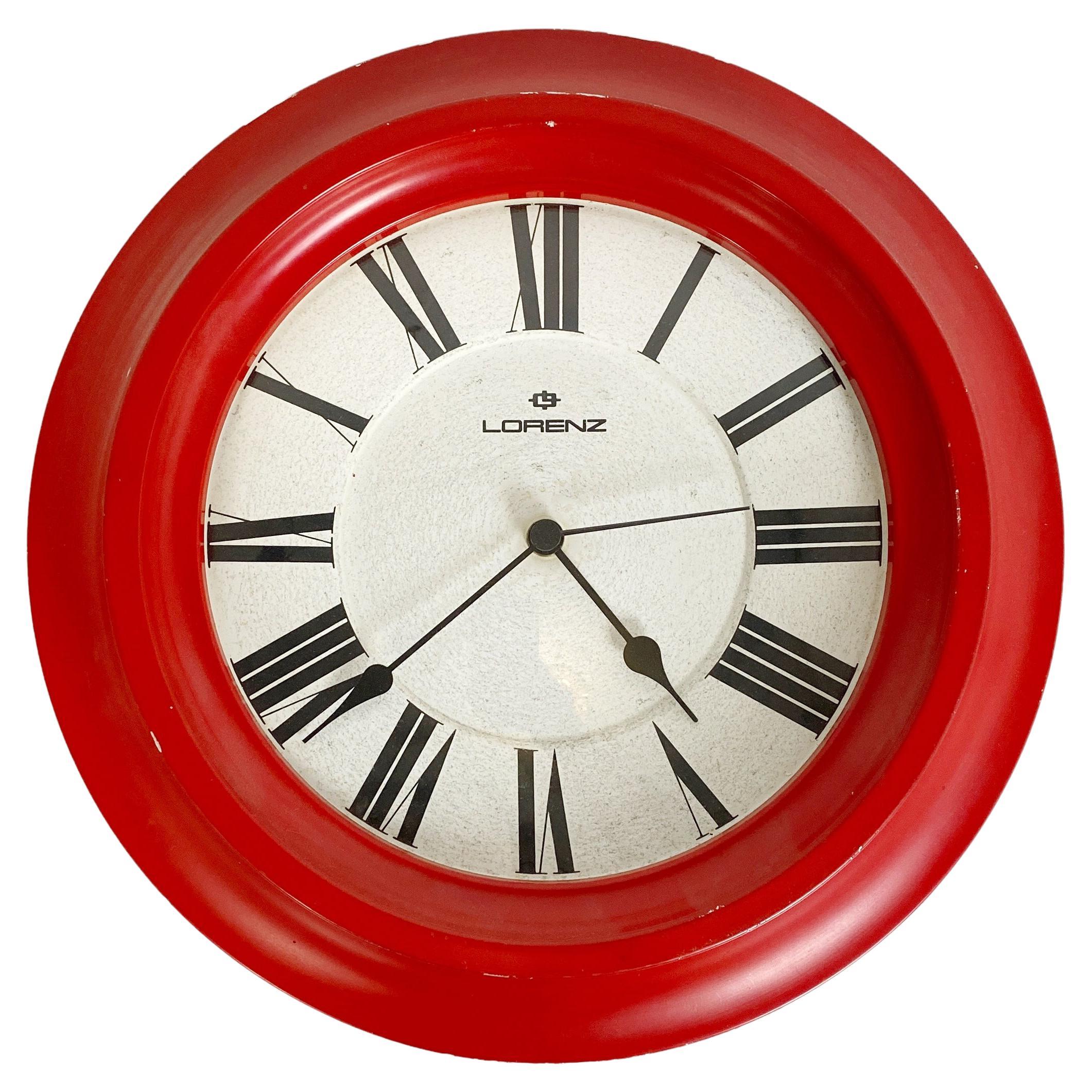 Italian Mid-Century Modern Round Red Wall Clock by Lorenz, 1970s For Sale