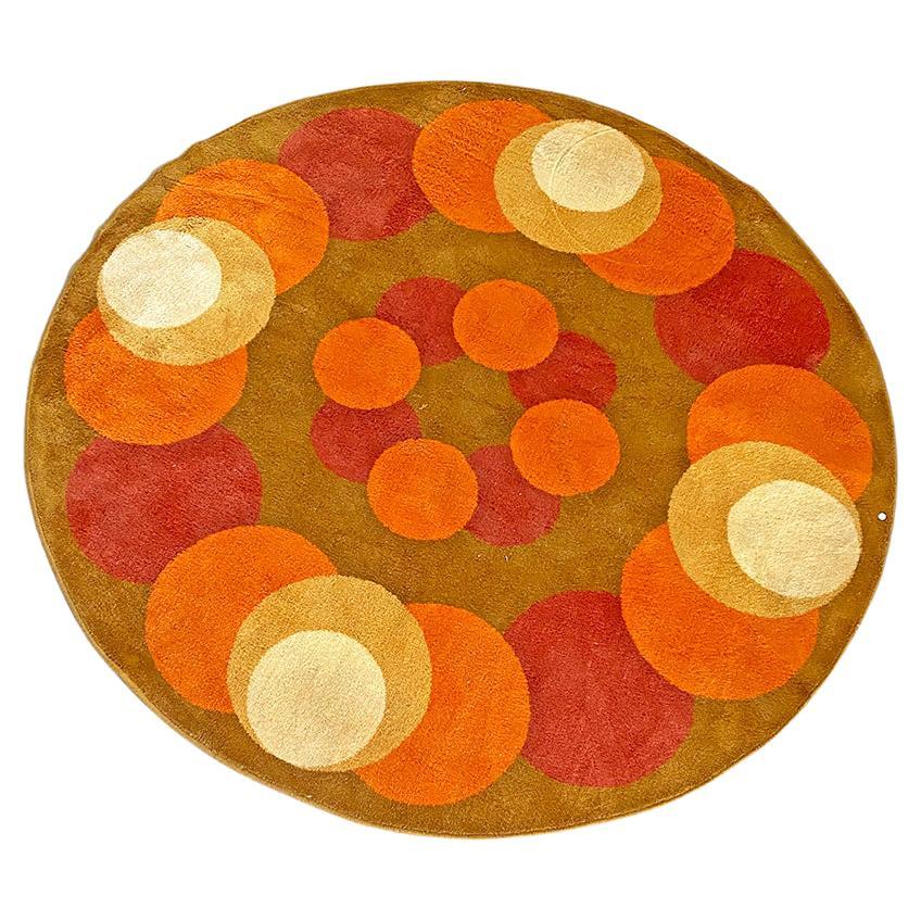 Italian Mid-Century Modern Round Short-Pile Carpet with Circular Motifs, 1970s For Sale