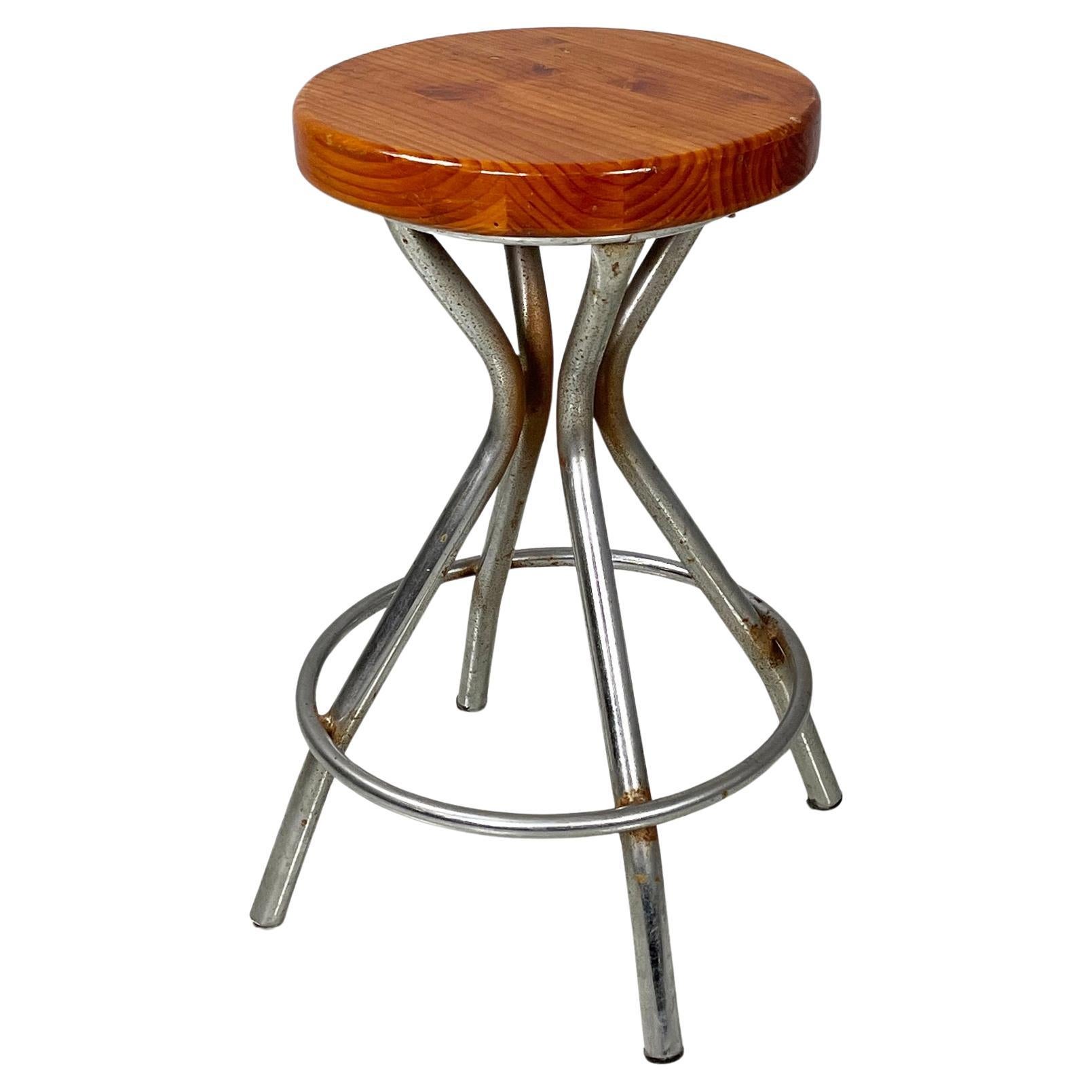 Italian mid-century modern round table stool in metal and wood, 1960s