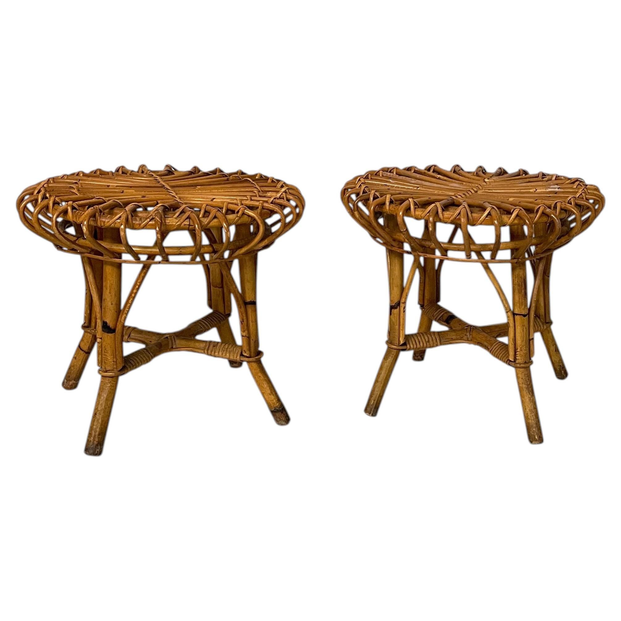 Italian mid-century modern round table stools in rattan, 1960s For Sale