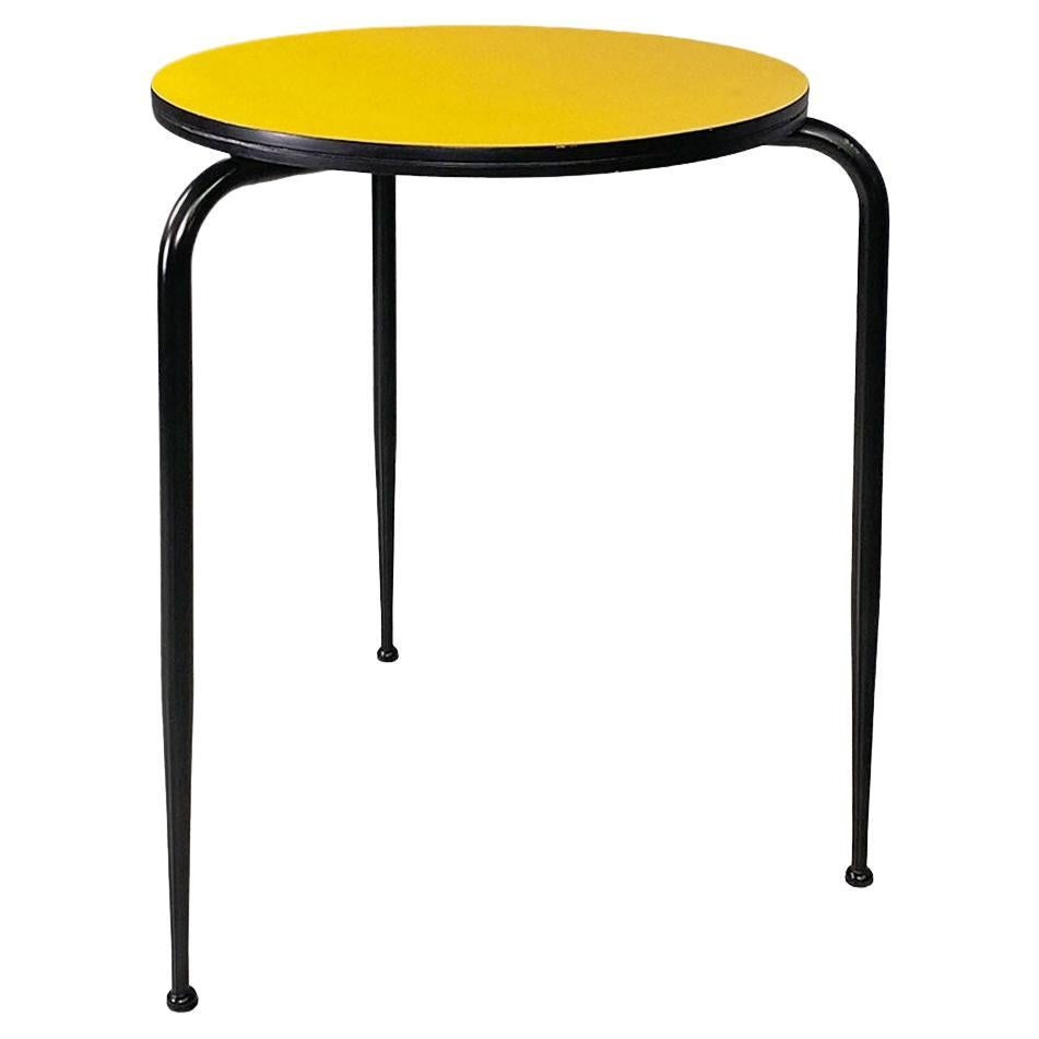 Italian mid-century modern round yellow laminate and black metal bar table 1950s