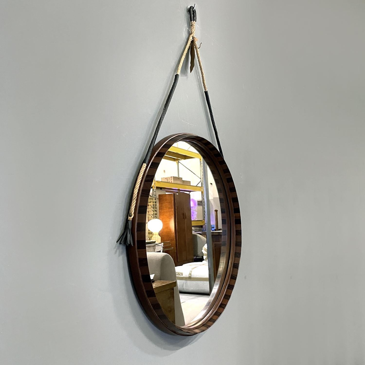 Mid-Century Modern Italian mid-century modern rounded two toned wood wall mirror with rope, 1960s For Sale