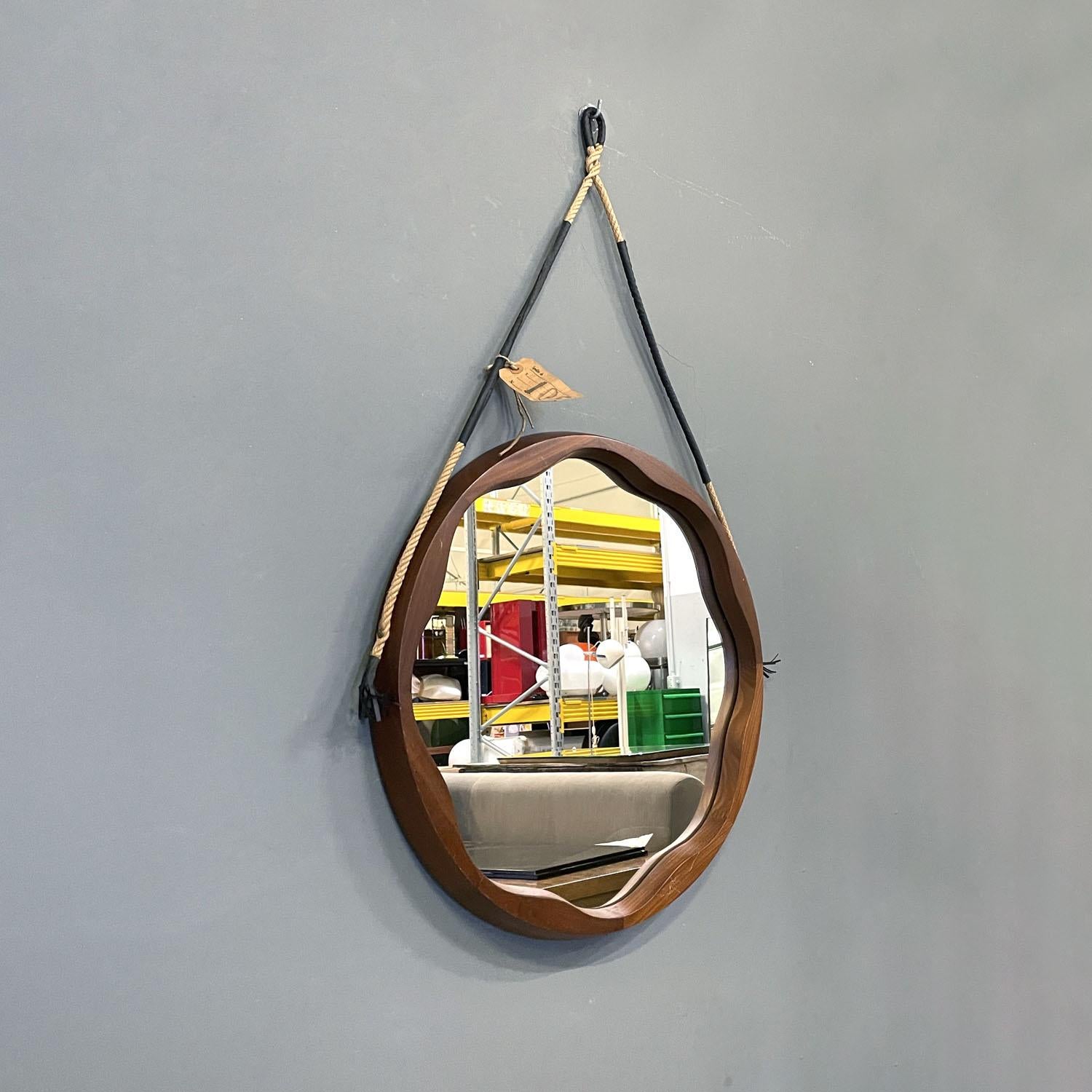 Mid-Century Modern Italian mid-century modern rounded wooden wall mirror with rope, 1960s For Sale