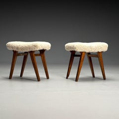 Italian Mid-Century Modern, Rustic Stools, Beige Shearling, Stained Wood, 1950s