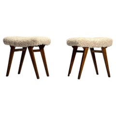 Italian Mid-Century Modern, Rustic Stools, Beige Shearling, Stained Wood, 1950s